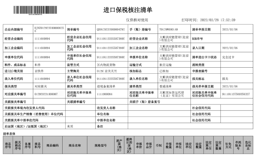 進(jìn)口保稅核注清單(樣例)